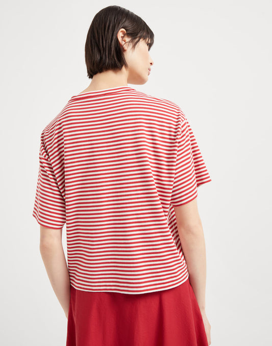 Cotton striped jersey cropped t-shirt with shiny pocket detail