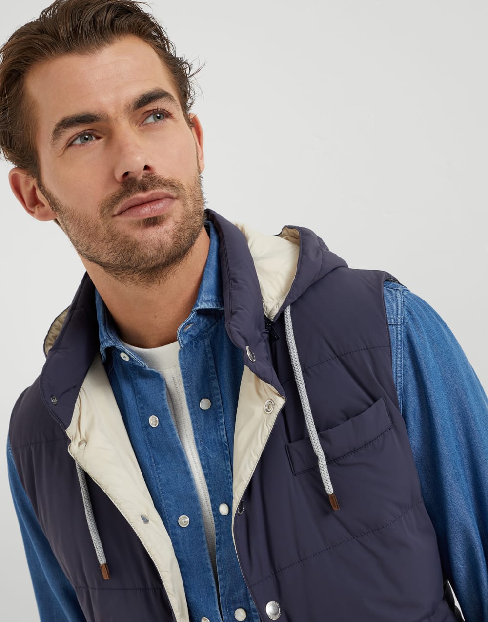 Bonded nylon down vest with detachable hood