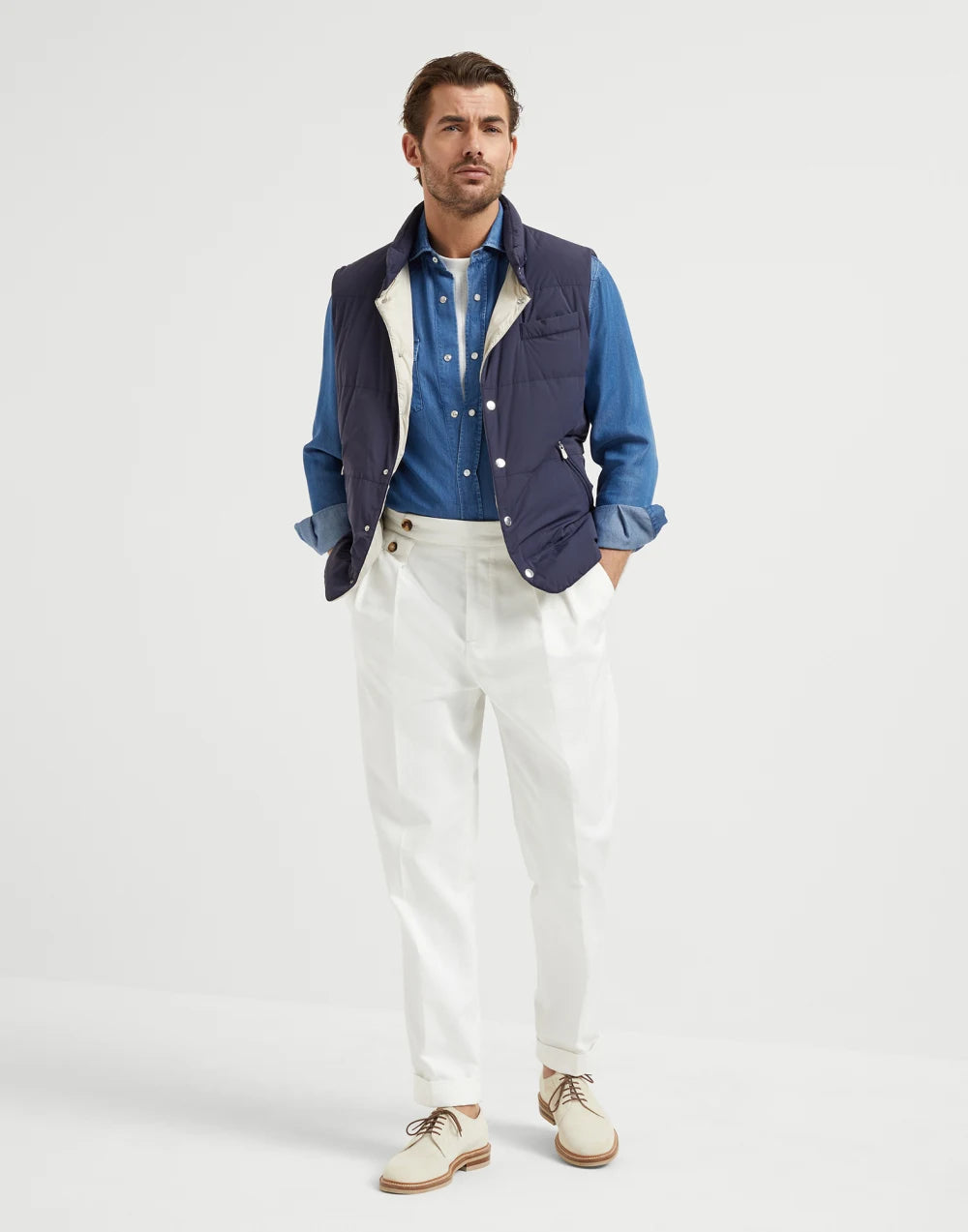 Bonded nylon down vest with detachable hood