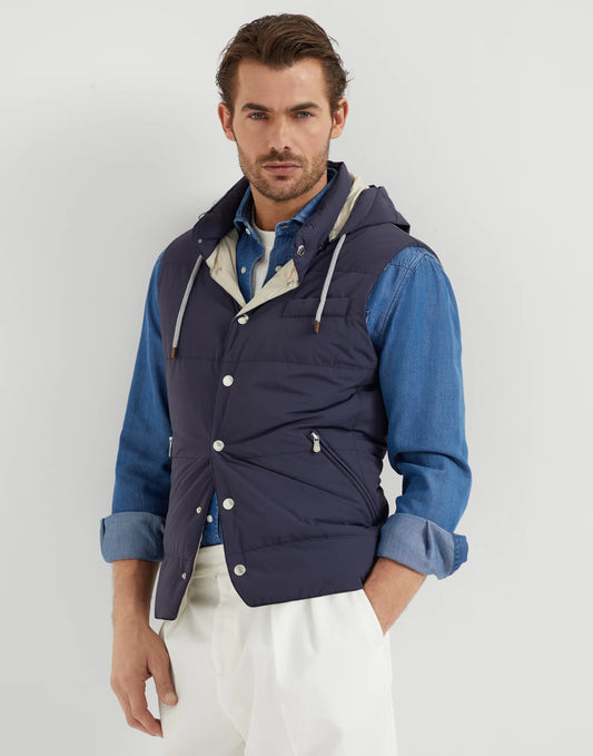 Bonded nylon down vest with detachable hood