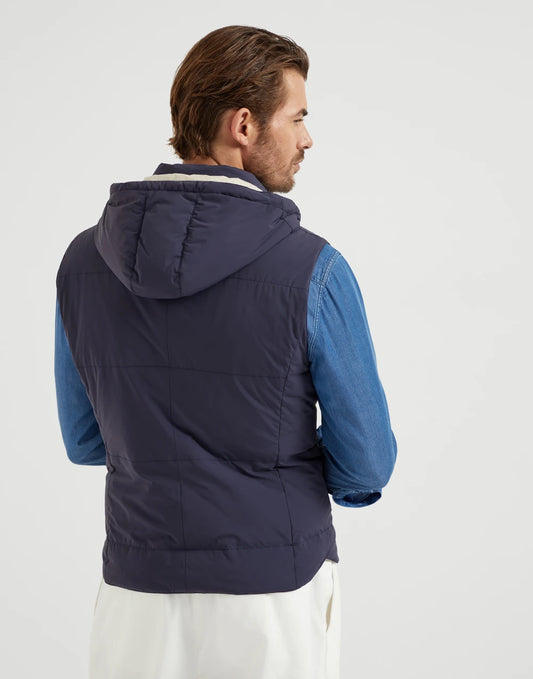 Bonded nylon down vest with detachable hood