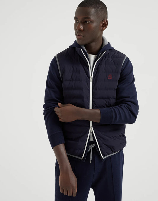 Bonded nylon down vest with logo and packable hood