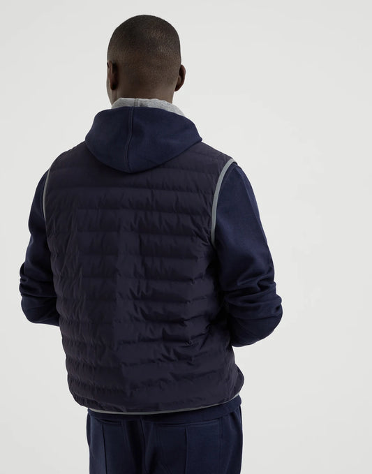 Bonded nylon down vest with logo and packable hood