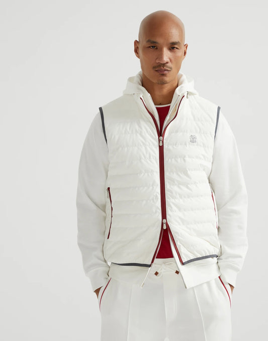 Bonded nylon down vest with logo and packable hood