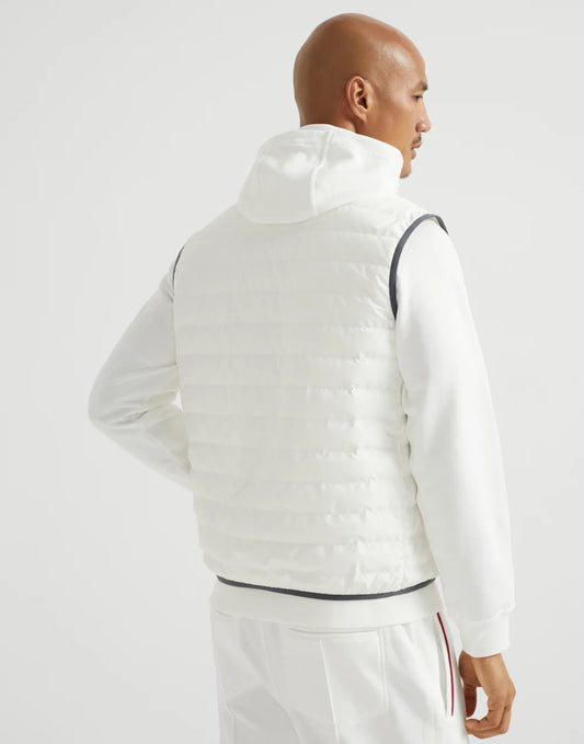 Bonded nylon down vest with logo and packable hood