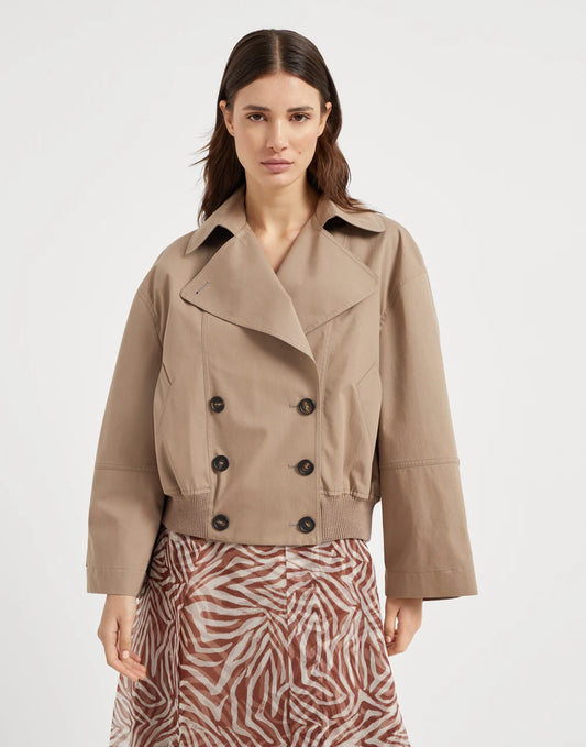 Techno cotton bonded panama cropped pea coat with precious detail