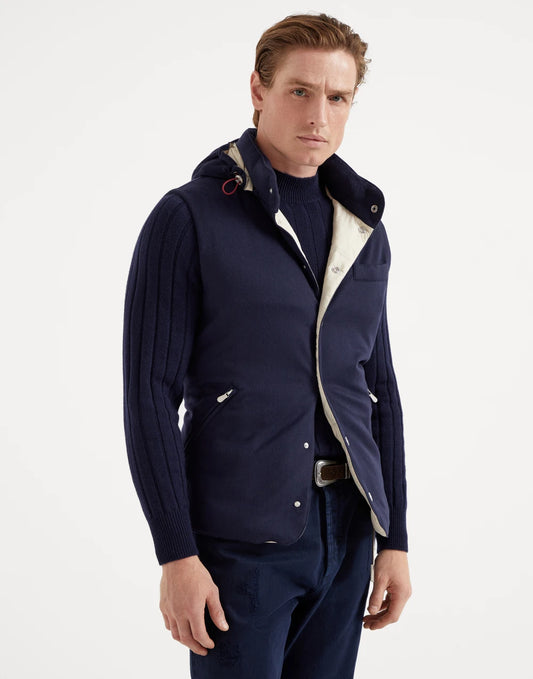 Lighweight cashmere and vicuña beaver cloth down vest with detachable hood