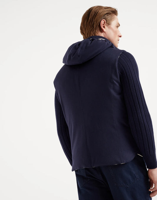 Lighweight cashmere and vicuña beaver cloth down vest with detachable hood