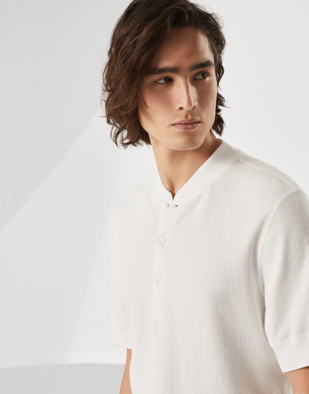 Ribbed cotton and linen jersey T-shirt with Henley collar