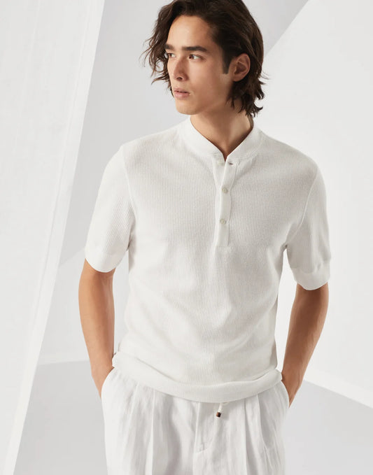 Ribbed cotton and linen jersey T-shirt with Henley collar