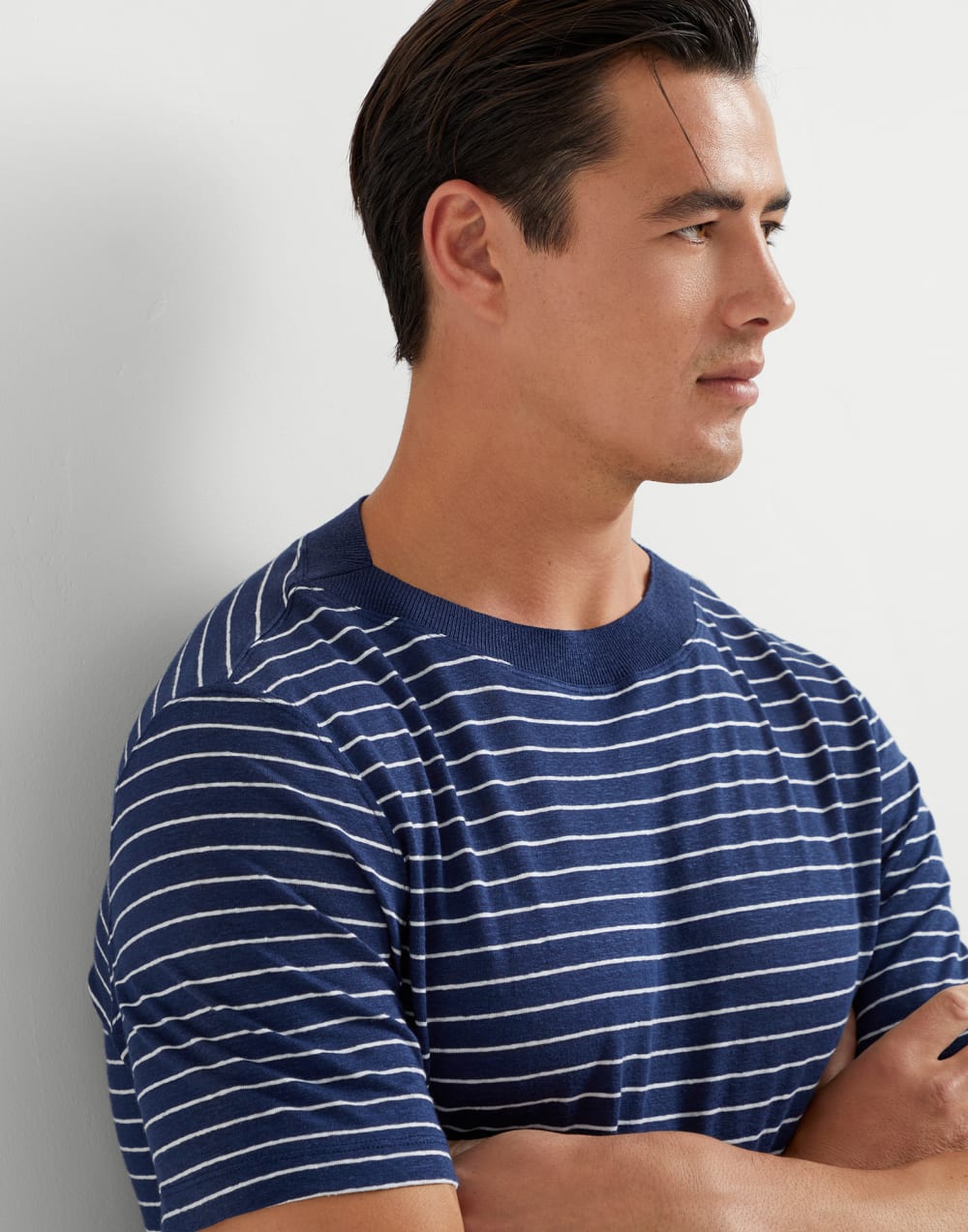 Striped linen stretch jersey boat neck T-shirt