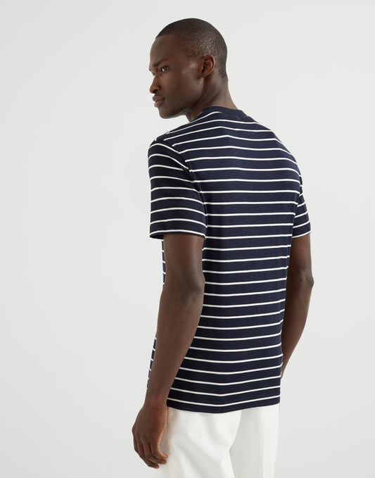 Silk and cotton striped jersey crew neck T-shirt with chest pocket