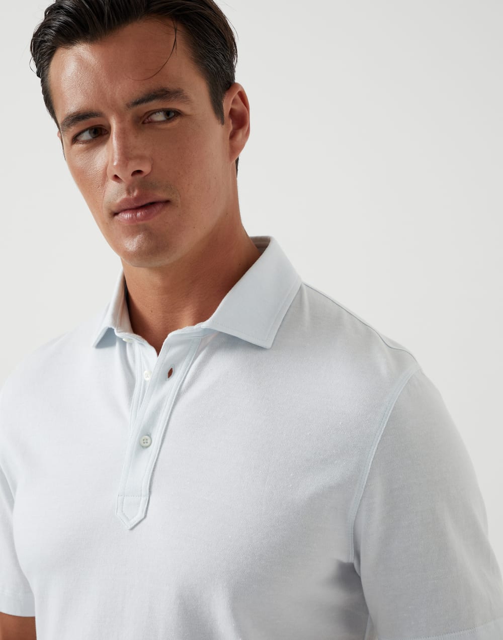 Cotton and linen piqué polo with shirt-style collar