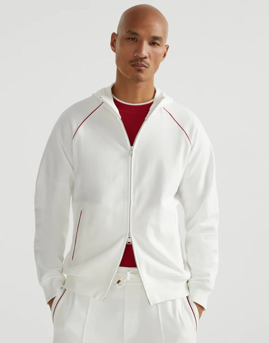Techno cotton French terry hooded sweatshirt with zipper and piping
