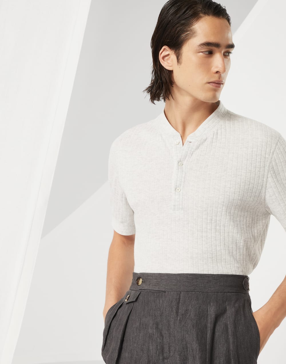 Ribbed linen and cotton jersey T-shirt with Henley collar
