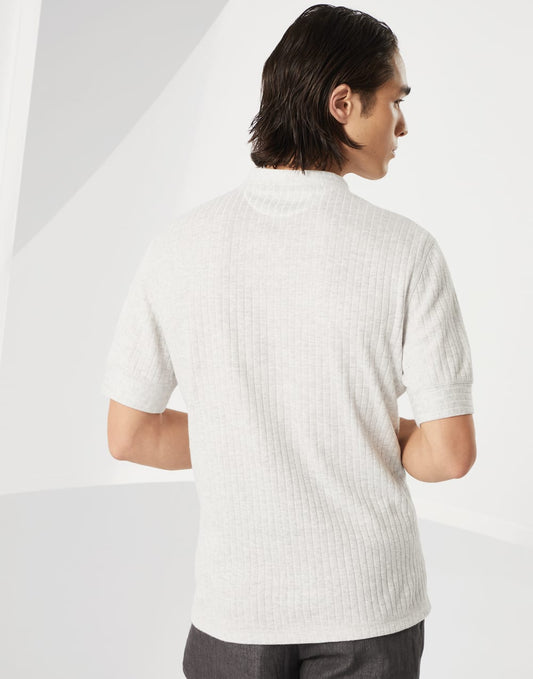 Ribbed linen and cotton jersey T-shirt with Henley collar