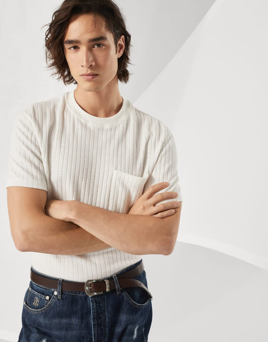 Ribbed linen and cotton jersey crew neck T-shirt with chest pocket