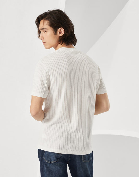 Ribbed linen and cotton jersey crew neck T-shirt with chest pocket