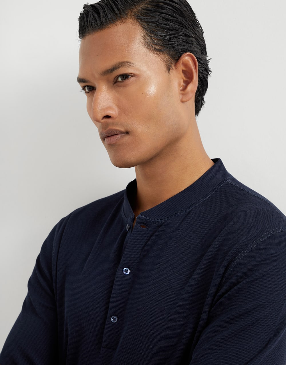 Cotton waffle jersey long sleeve T-shirt with Henley collar