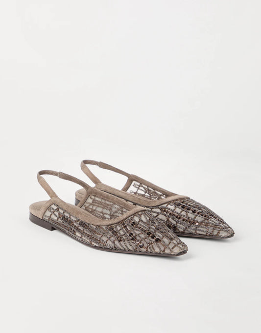 Glistening abstract embroidery slingback flats in suede