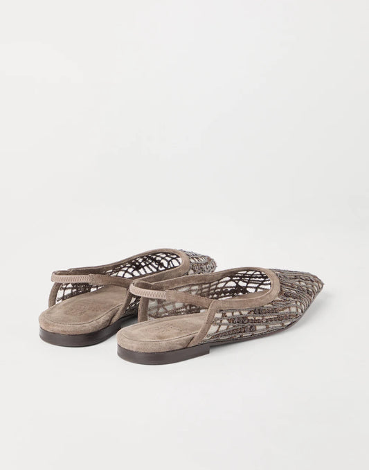 Glistening abstract embroidery slingback flats in suede