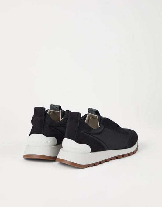 Suede and techno fabric runners with precious detail
