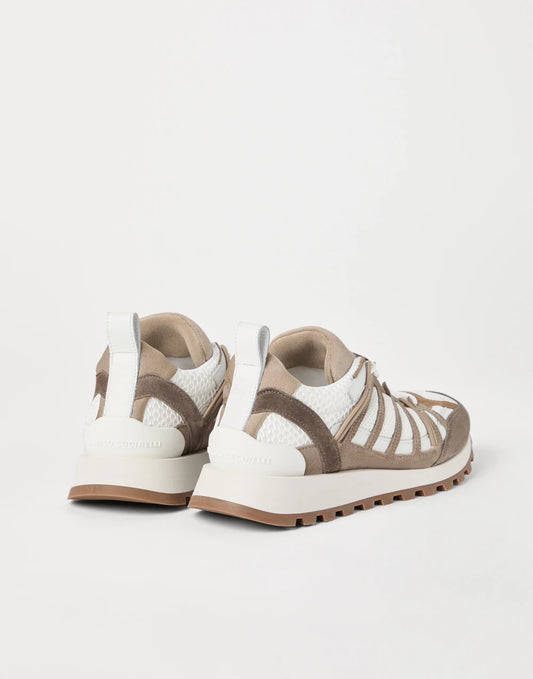 Suede and techno fabric runners with shiny loop detail