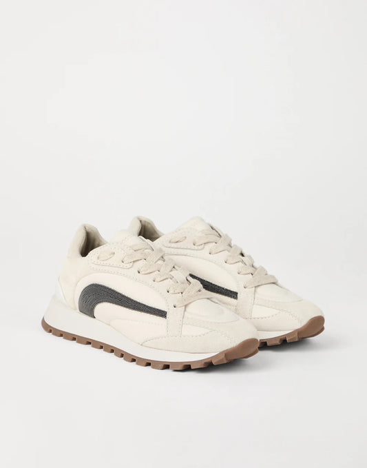 Suede and bonded cotton twill runners with precious stripe