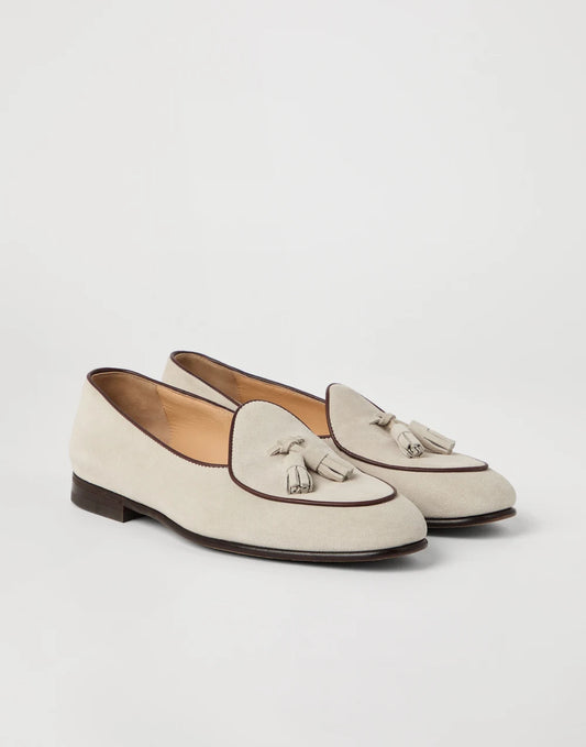 Suede Belgian loafer with tassels