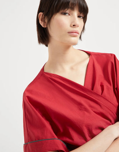 Techno cotton poplin kimono-style top with shiny trims