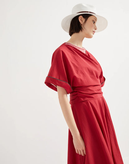 Techno cotton poplin kimono-style top with shiny trims