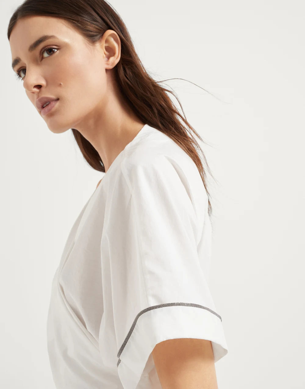 Techno cotton poplin kimono-style top with shiny trims