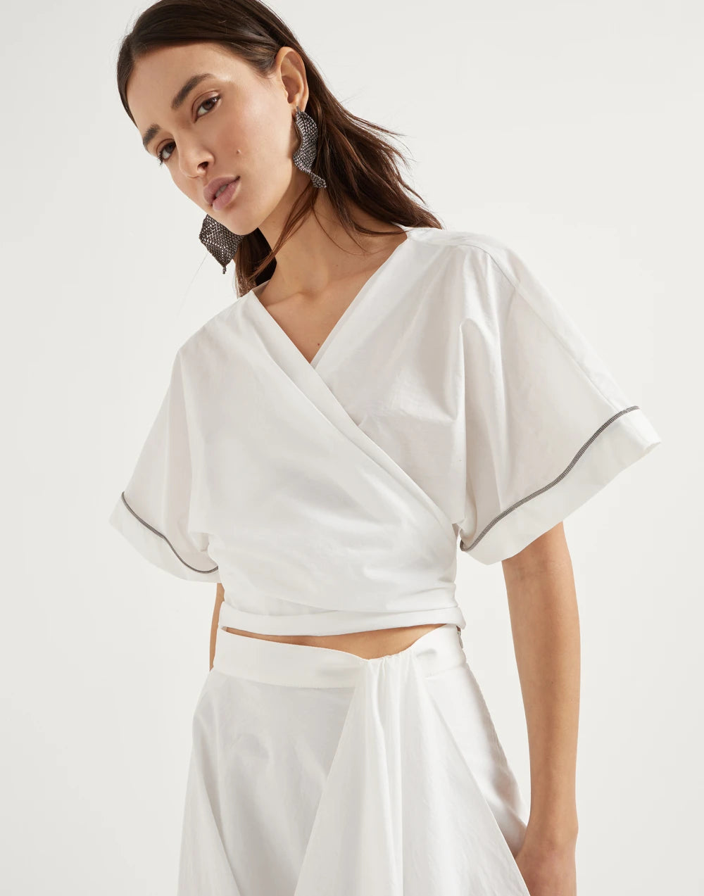 Techno cotton poplin kimono-style top with shiny trims
