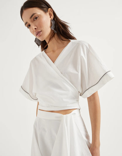 Techno cotton poplin kimono-style top with shiny trims