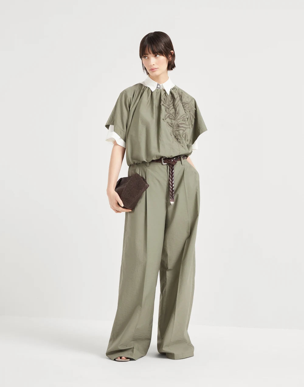 Techno cotton poplin blouse with flora appliqué