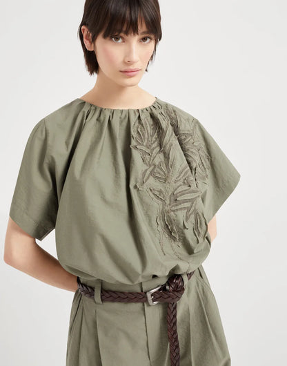 Techno cotton poplin blouse with flora appliqué