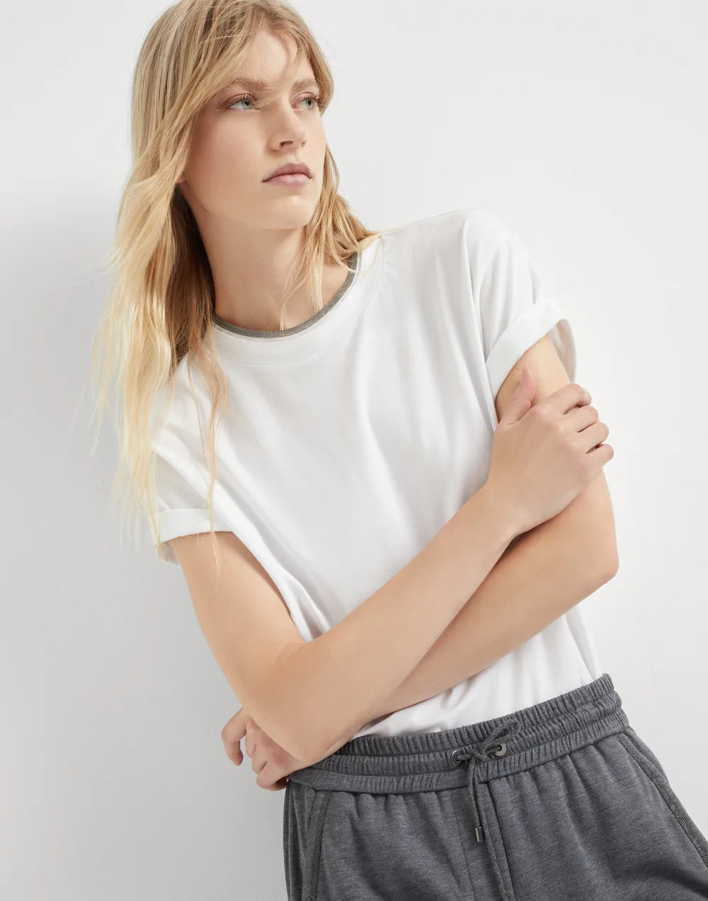 Stretch cotton jersey T-shirt with precious faux-layering