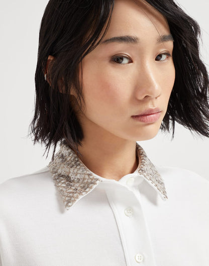 Cotton jersey polo shirt with dazzling net embroidery collar