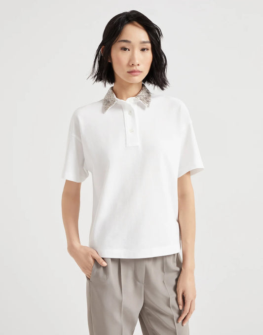 Cotton jersey polo shirt with dazzling net embroidery collar