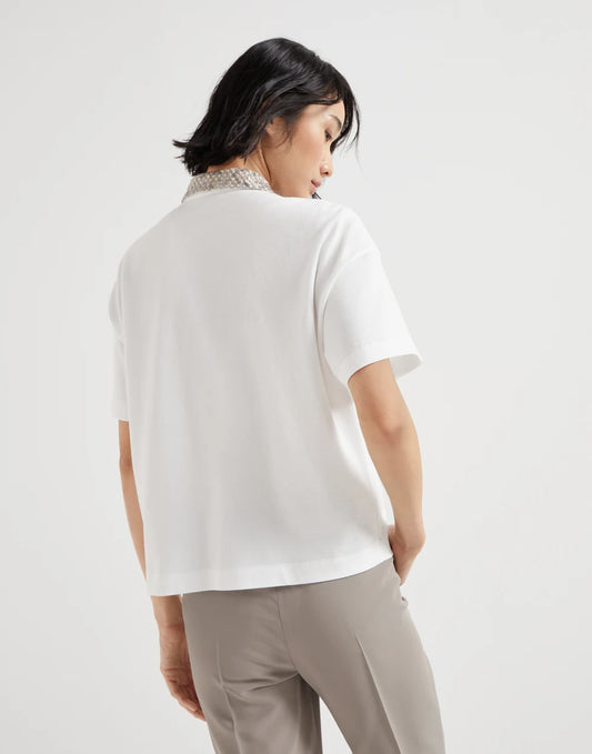 Cotton jersey polo shirt with dazzling net embroidery collar