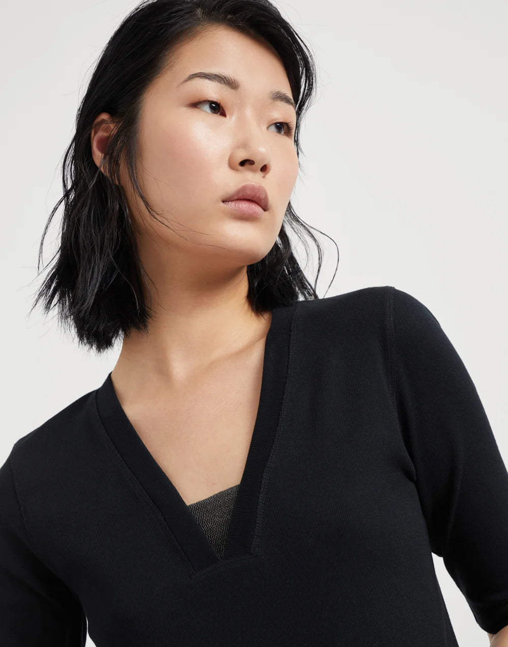 Stretch cotton ribbed jersey T-shirt with precious insert