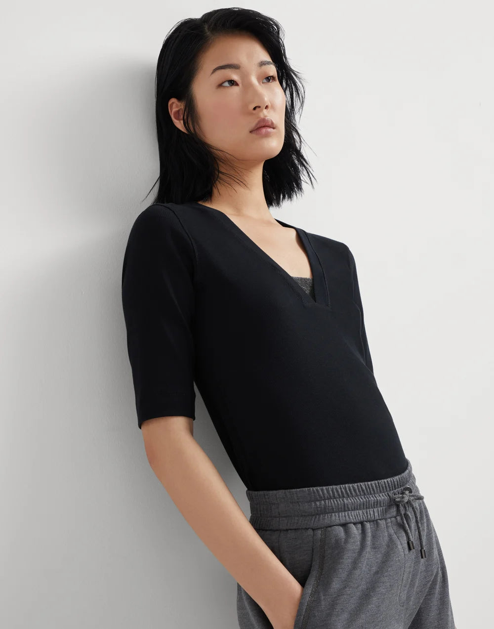 Stretch cotton ribbed jersey T-shirt with precious insert