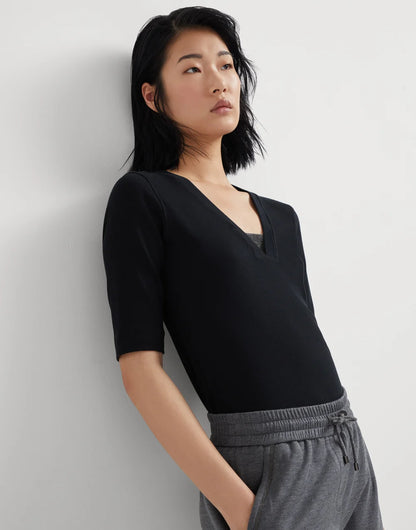 Stretch cotton ribbed jersey T-shirt with precious insert
