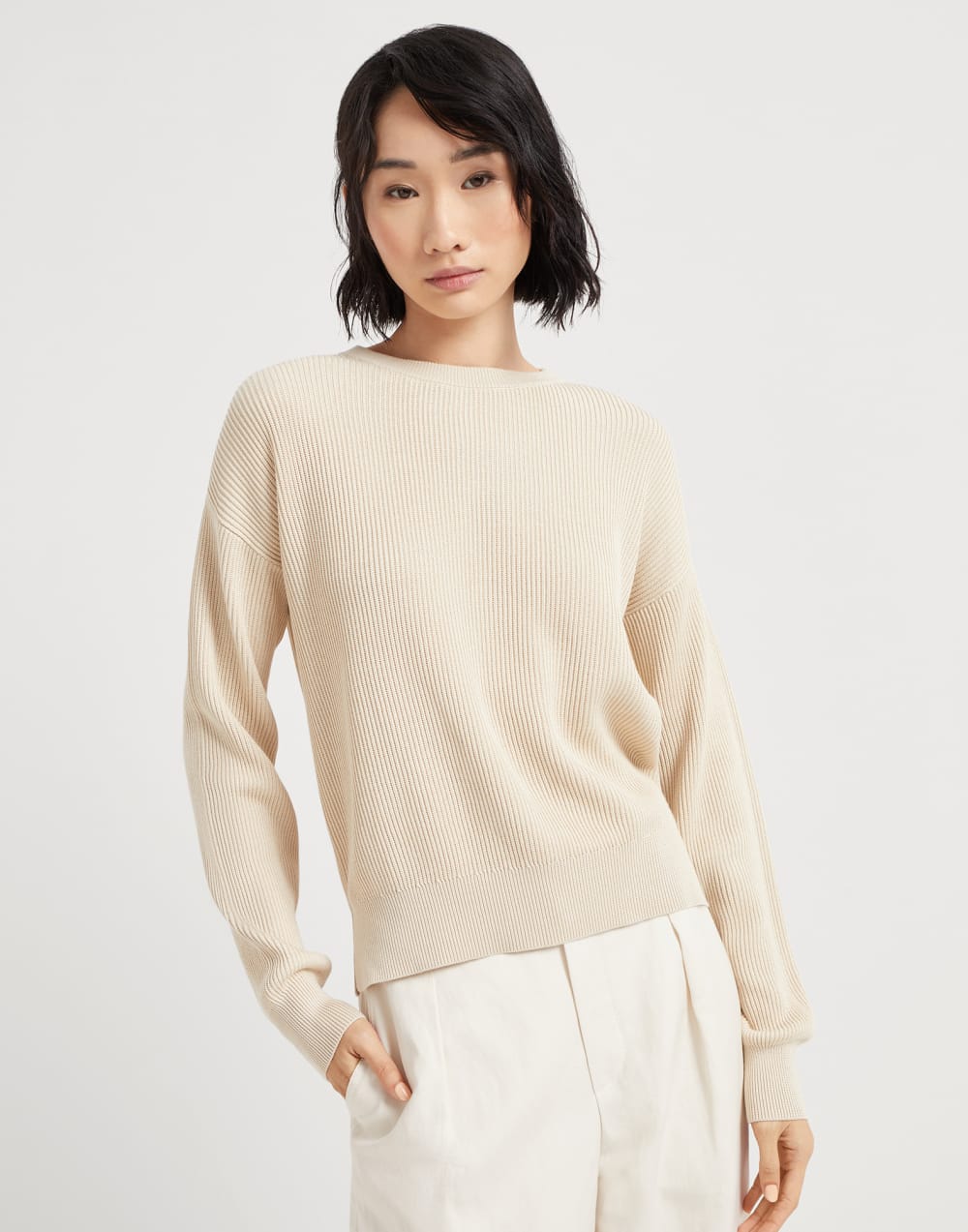 Cotton English rib sweater with monili