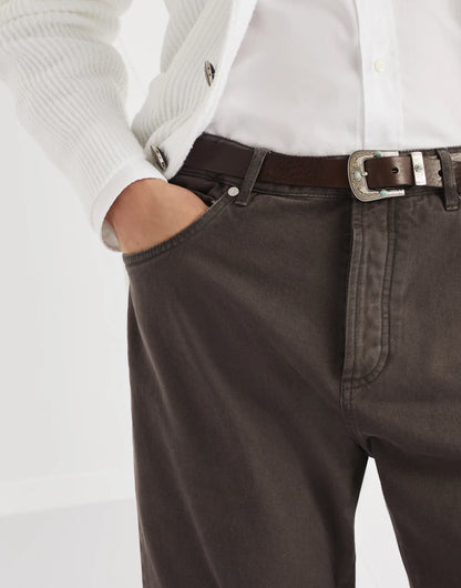 Garment-dyed leisure fit five-pocket trousers in denim