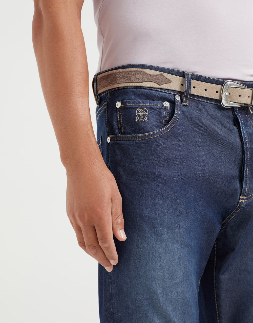 Comfort cotton and silk denim leisure fit five-pocket trousers
