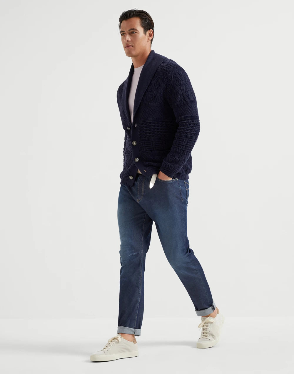 Comfort cotton and silk denim leisure fit five-pocket trousers
