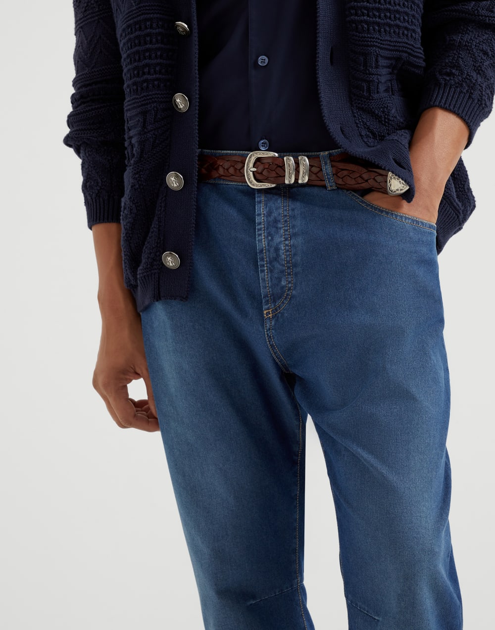 Comfort cotton and silk denim leisure fit five-pocket trousers