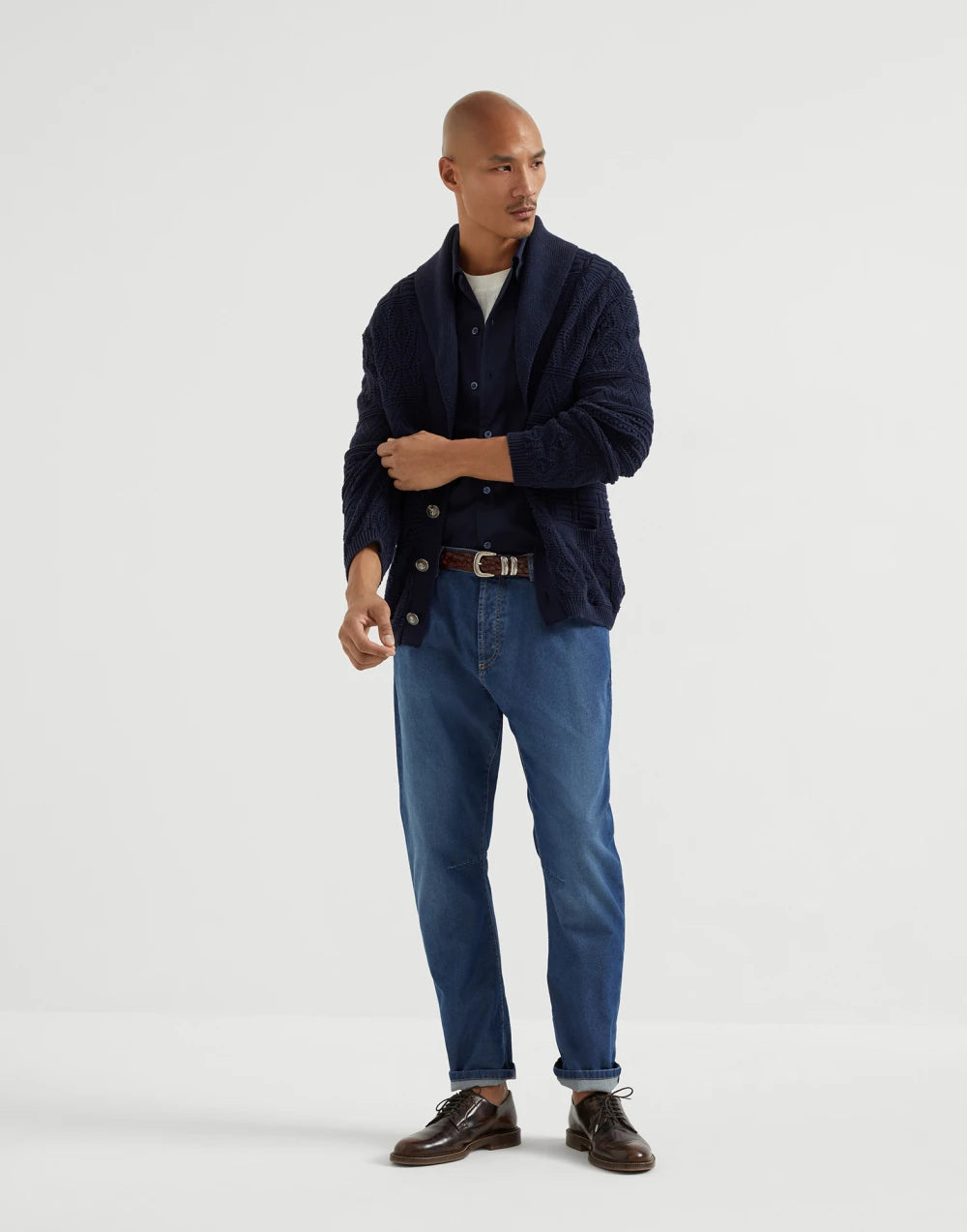 Comfort cotton and silk denim leisure fit five-pocket trousers