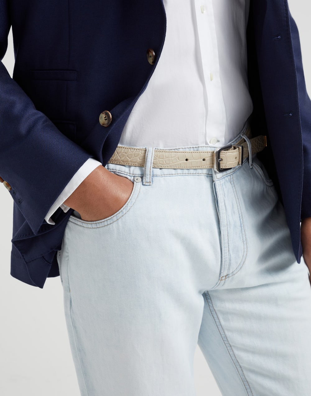 Cotton and linen denim traditional fit five-pocket trousers